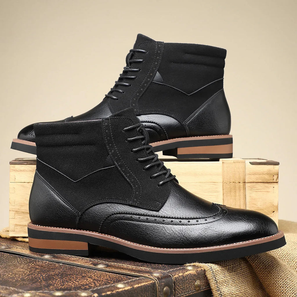 Men's retro Martin boots mid-calf carved slip-on block heel pointed toe artificial PU upper in Army Green colour
