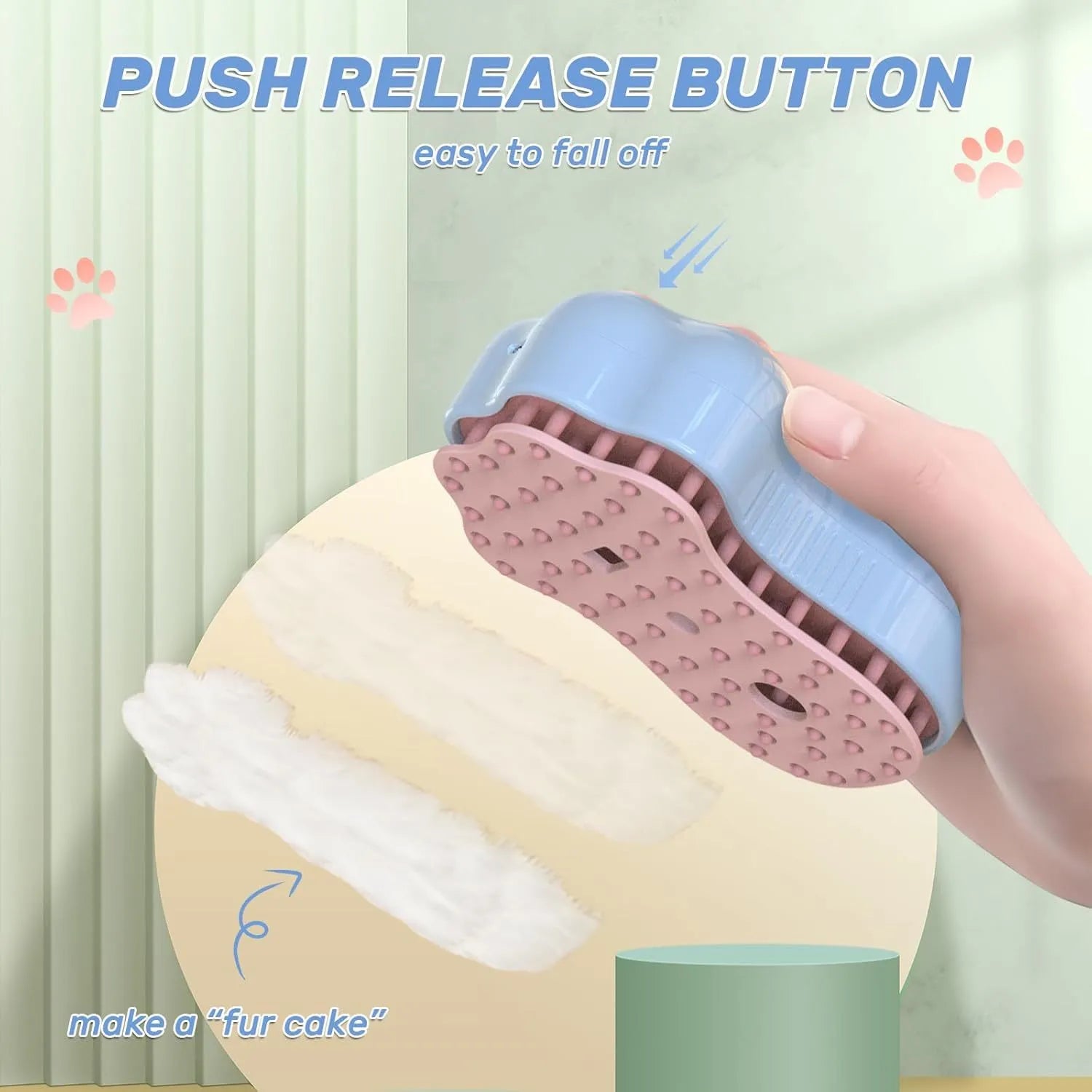 Self-cleaning cat steam brush with silicone head and release button in blue, green or pink