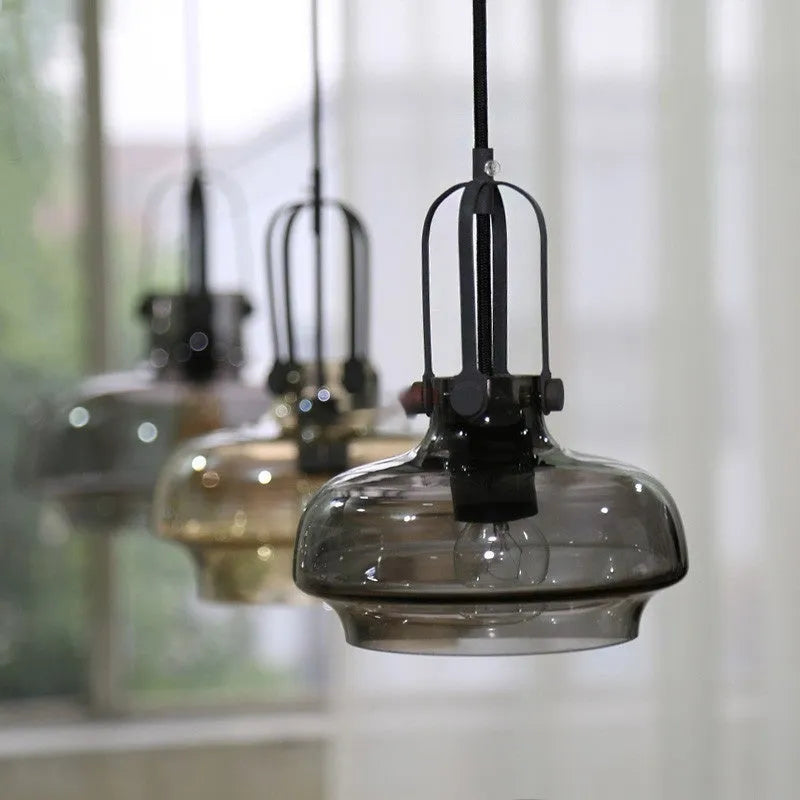 Retro industrial glass chandelier in warm light with transparent shade, 33cm diameter