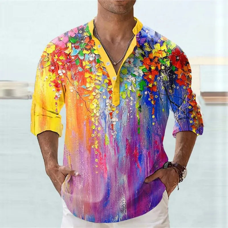 British style bamboo hemp short sleeve shirt with 3D thermal transfer stripe patterns in summer colours