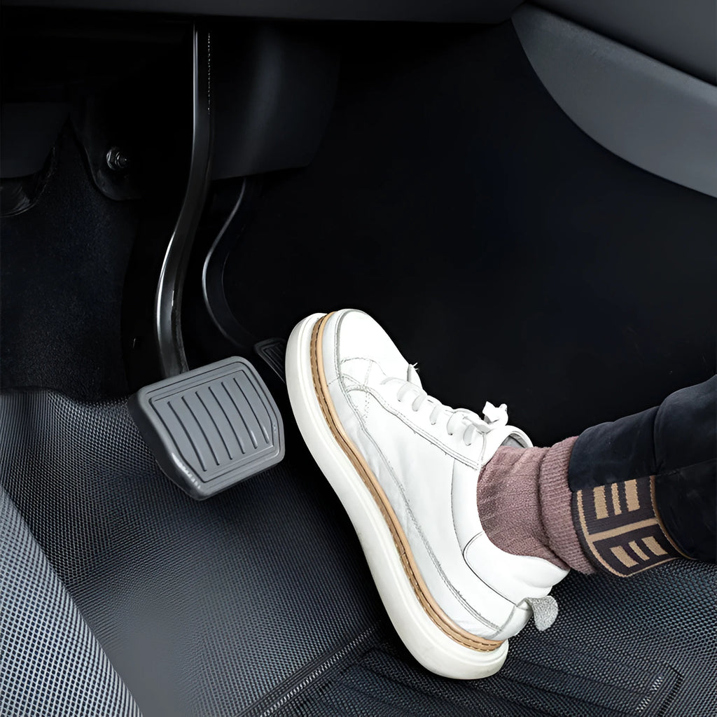 TPR material floor mat set for Tesla Model Y, showing footrest, front storage box, and tailbox mats.