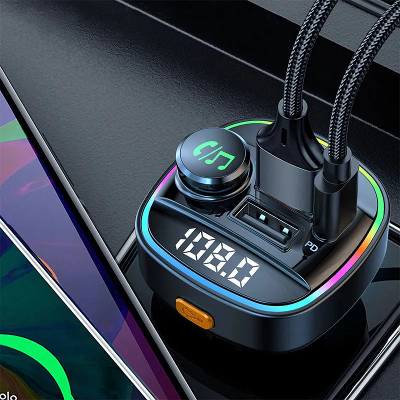 Bluetooth 5.0 FM transmitter with monochrome display and dual USB charging ports