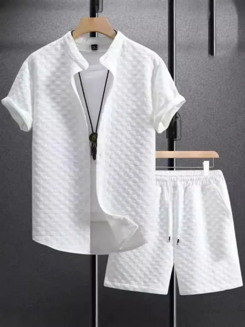 Men's jacquard black and white short sleeve suit set with matching shorts in chemical fibre blend fabric