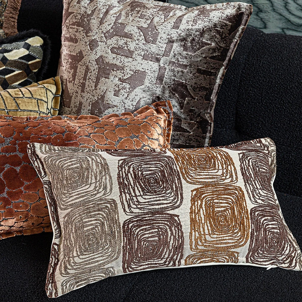 Square cream and coffee-coloured abstract coil pattern pillow cover, 50cm by 50cm.
