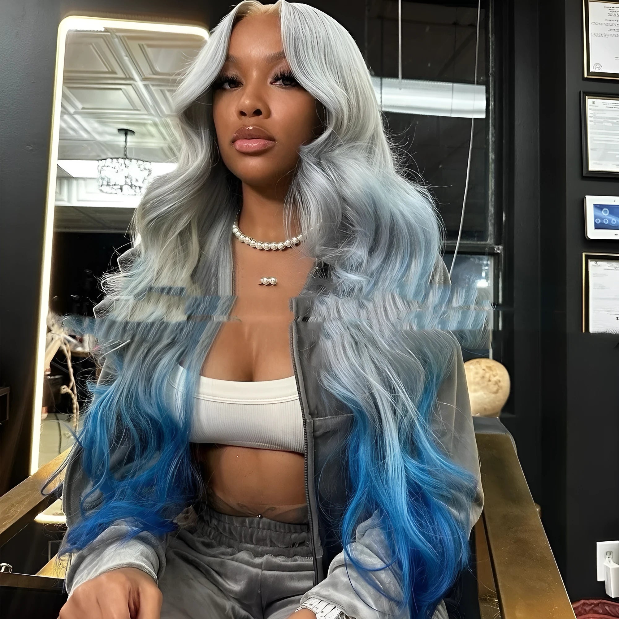 Gradient grey blue lace front wig with transparent lace and human hair material in Ruli style