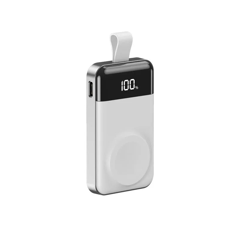 Silver mini portable wireless magnetic power bank with digital display and compact plastic shell, 75x43x16mm