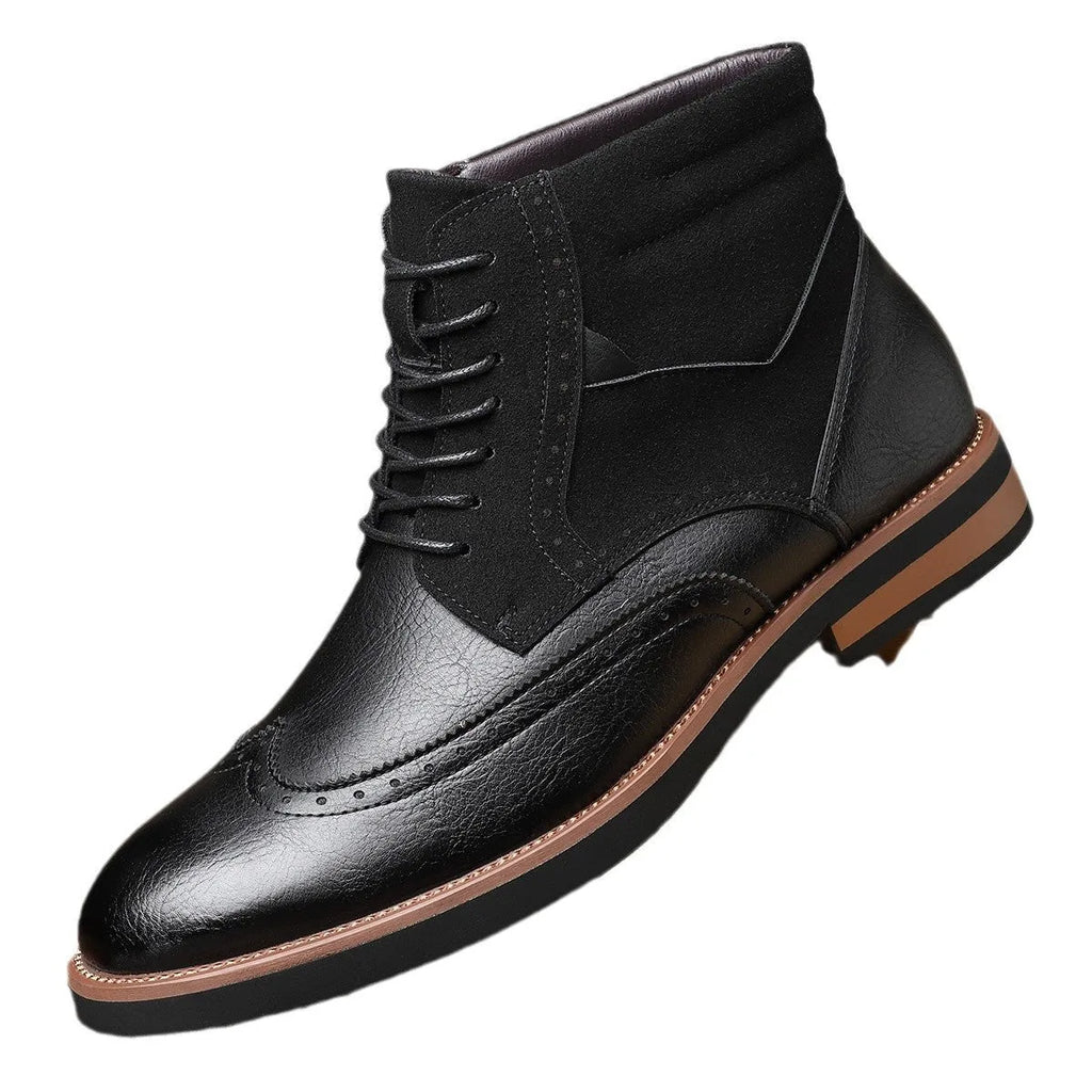 Men's retro Martin boots mid-calf carved slip-on block heel pointed toe artificial PU upper in Army Green colour