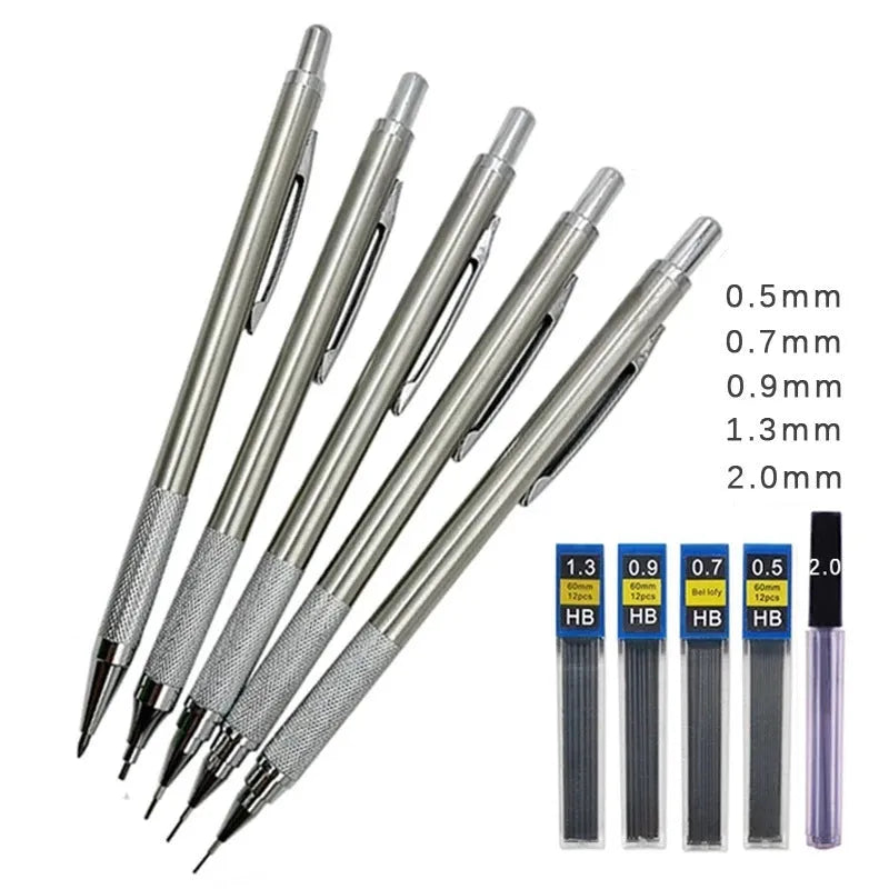 Metal automatic mechanical pencil with five lead size options and 2B graphite refills
