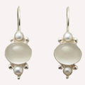 Silver round crystal eardrops with artificial pearl and geometric petal design on alloy base