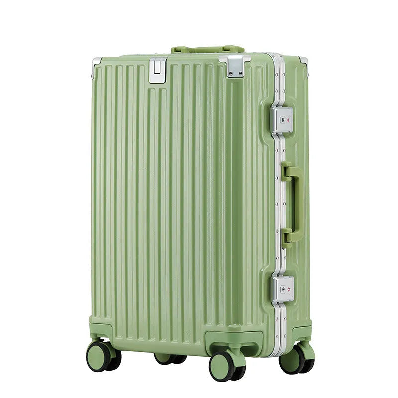 Aluminium frame trolley suitcase in avocado green with wheels and a USB port.