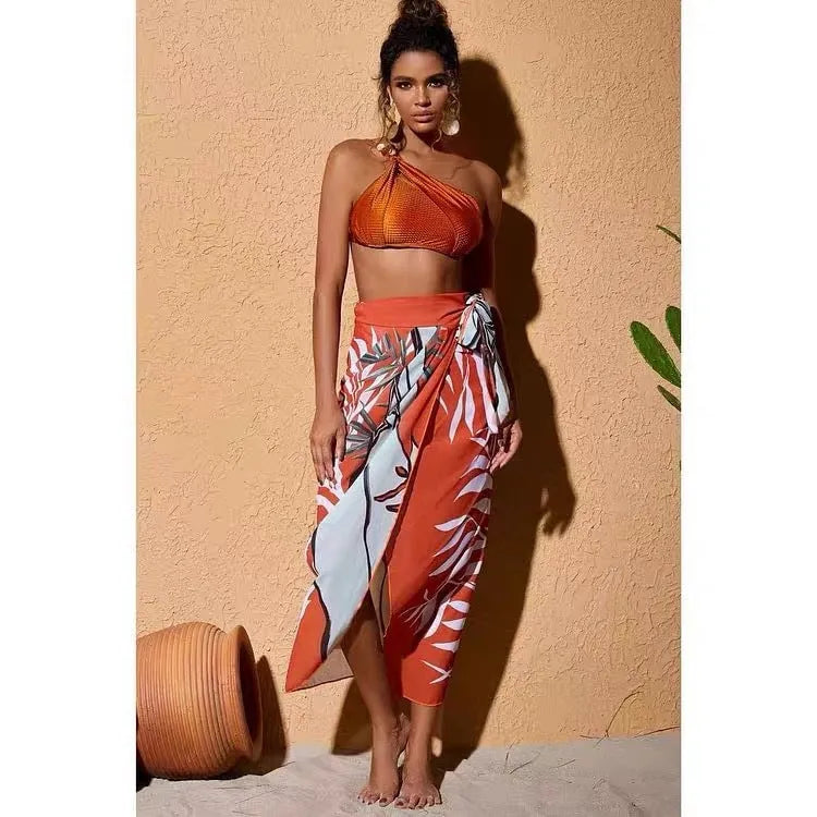 Women's high waist push up bikini swimsuit with chiffon dress in black, brown or green colour options