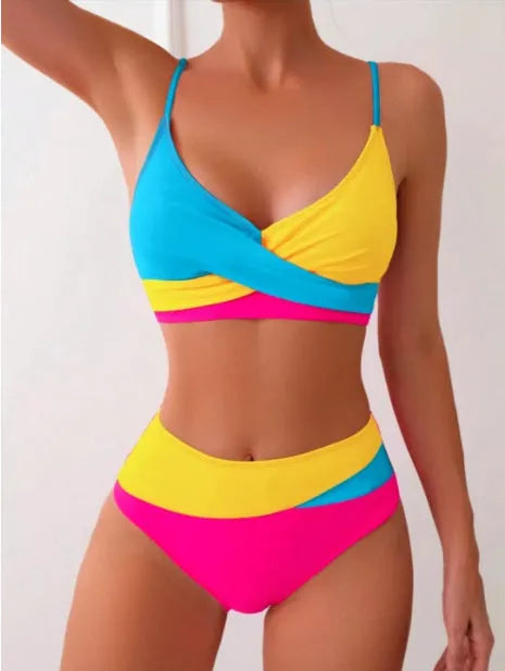 Colour contrast bikini set with yellow top and blue briefs, polyester lining, female swimwear