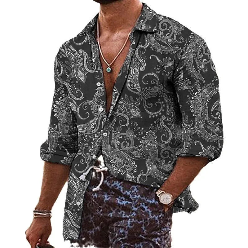 Men's loose fit long sleeve shirt with bohemian floral 3D pattern printing in polyester fabric