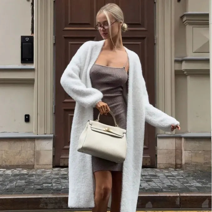 White women's knitted cardigan jacket with long sleeves and 105cm length