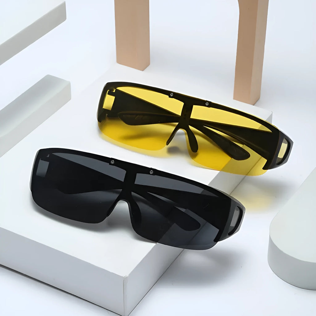 Polarised one-piece sunglasses for myopia with multiple lens options including black, grey, dark green, and night vision.