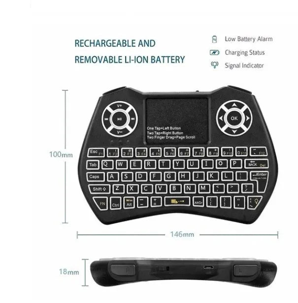 Mini wireless keyboard with flying mouse, touchpad, and RGB LED backlit in black, featuring Qwerty layout and USB receiver