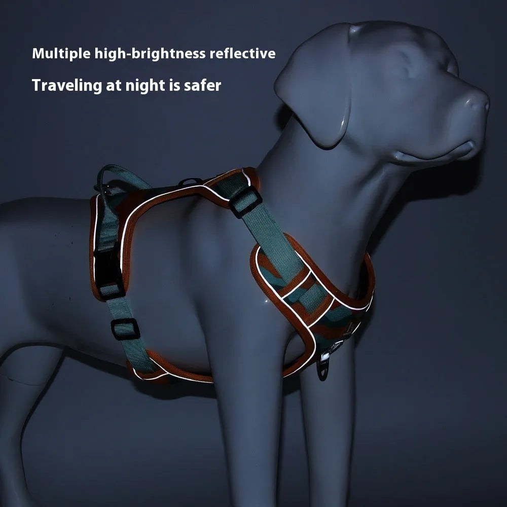 Reflective dog harness with dual attachment points in oxford cloth fabric