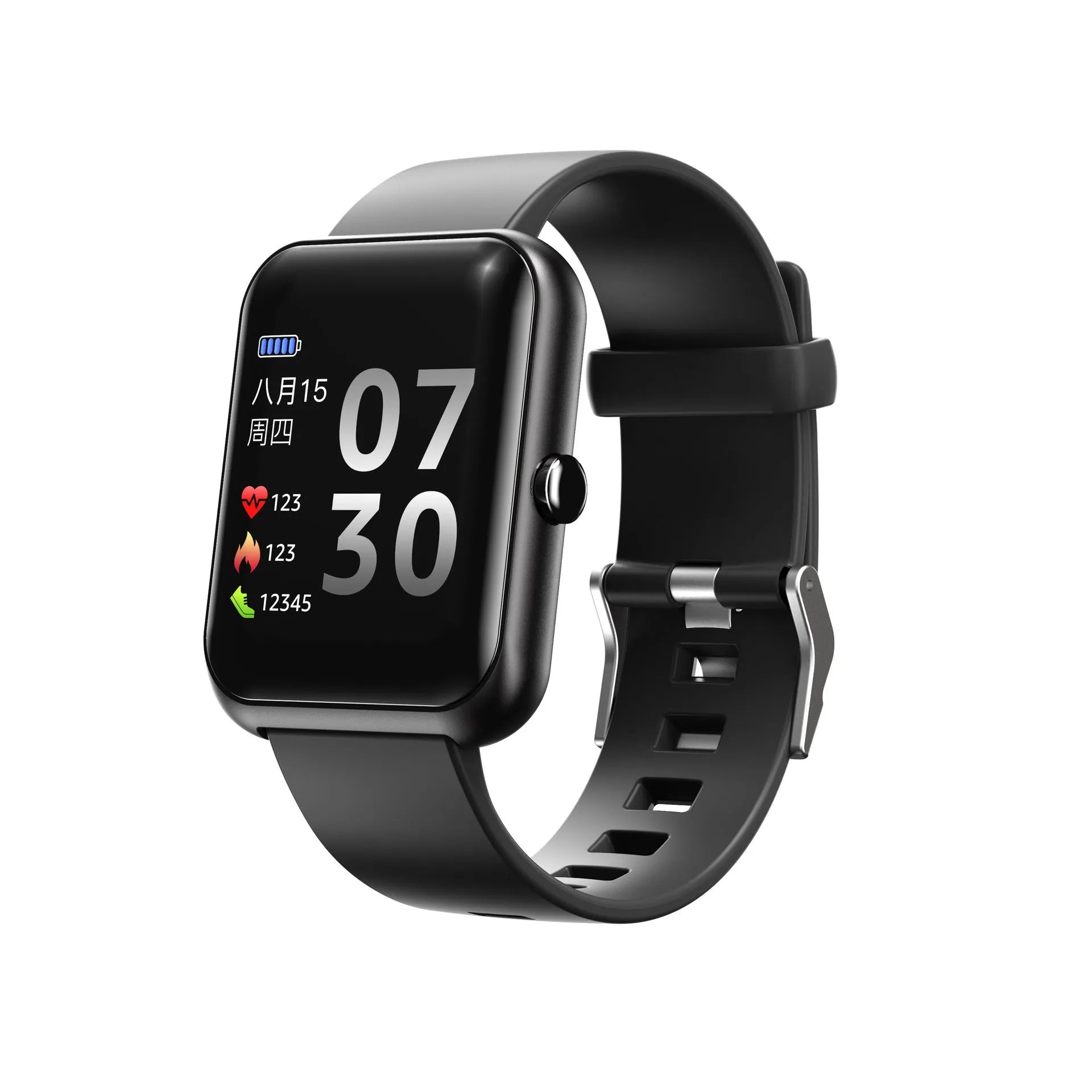 Square smart watch with silicone strap on wrist showing Bluetooth connectivity and aluminium case
