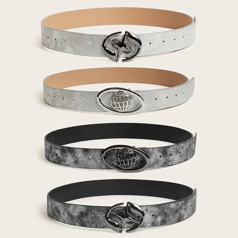 Retro thick grey and white women's belt with oval-shaped antique alloy buckle on PU leather strap.