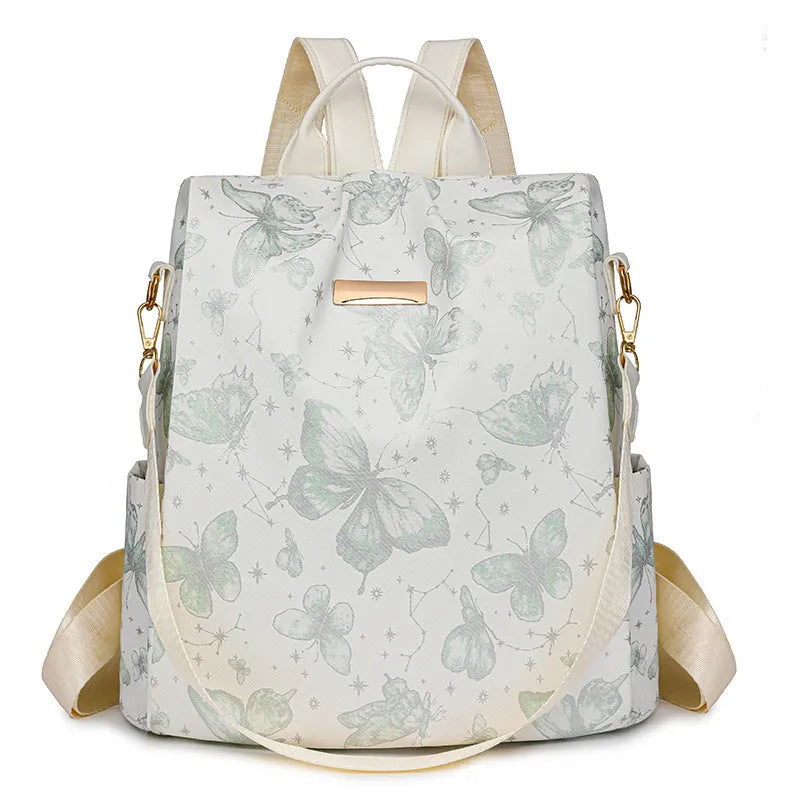 Butterfly print PU backpack on a physiological curve backplate, shown in khaki colour.