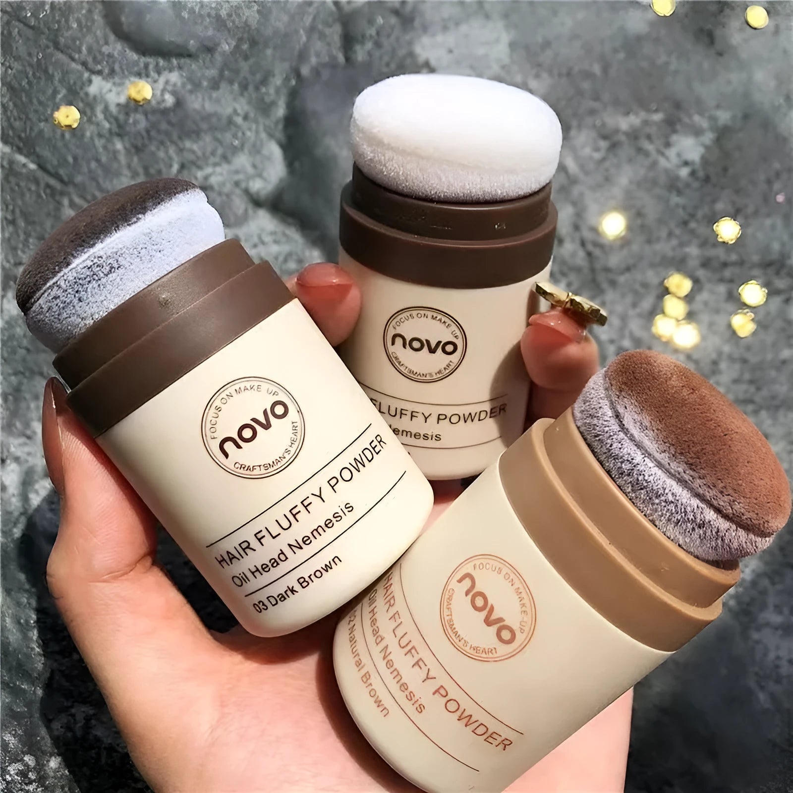 Mattifying oil control face powder compact for oily skin and bangs hairline in transparent, brown, and dark brown shades.