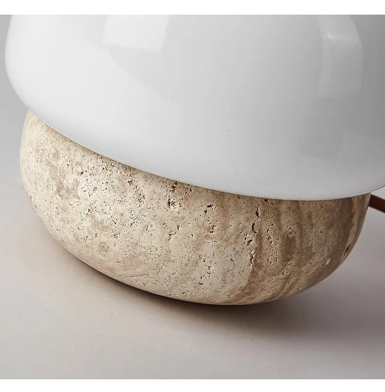 Cream retro bedside lamp with button switch measuring 18cm by 17cm on wooden table