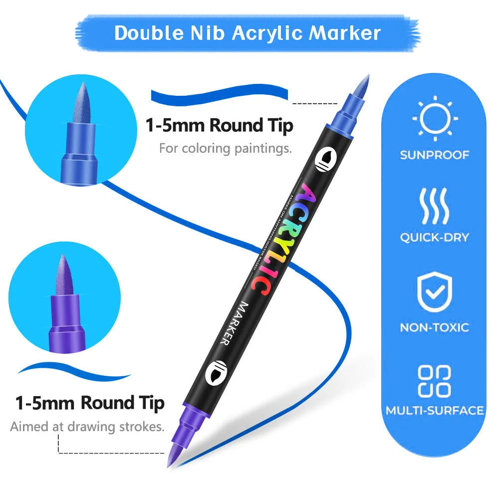 Double-headed acrylic marker pen set showing washable opaque colours in multiple pack size options