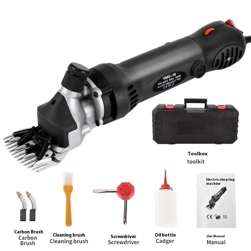 Yellow electric wool shearing machine with 13-tooth blade and multiple knife options for sheep