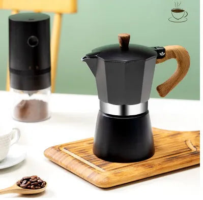 Aluminium Italian mocha coffee pot set with long handle, black finish, 300ml capacity, stovetop use