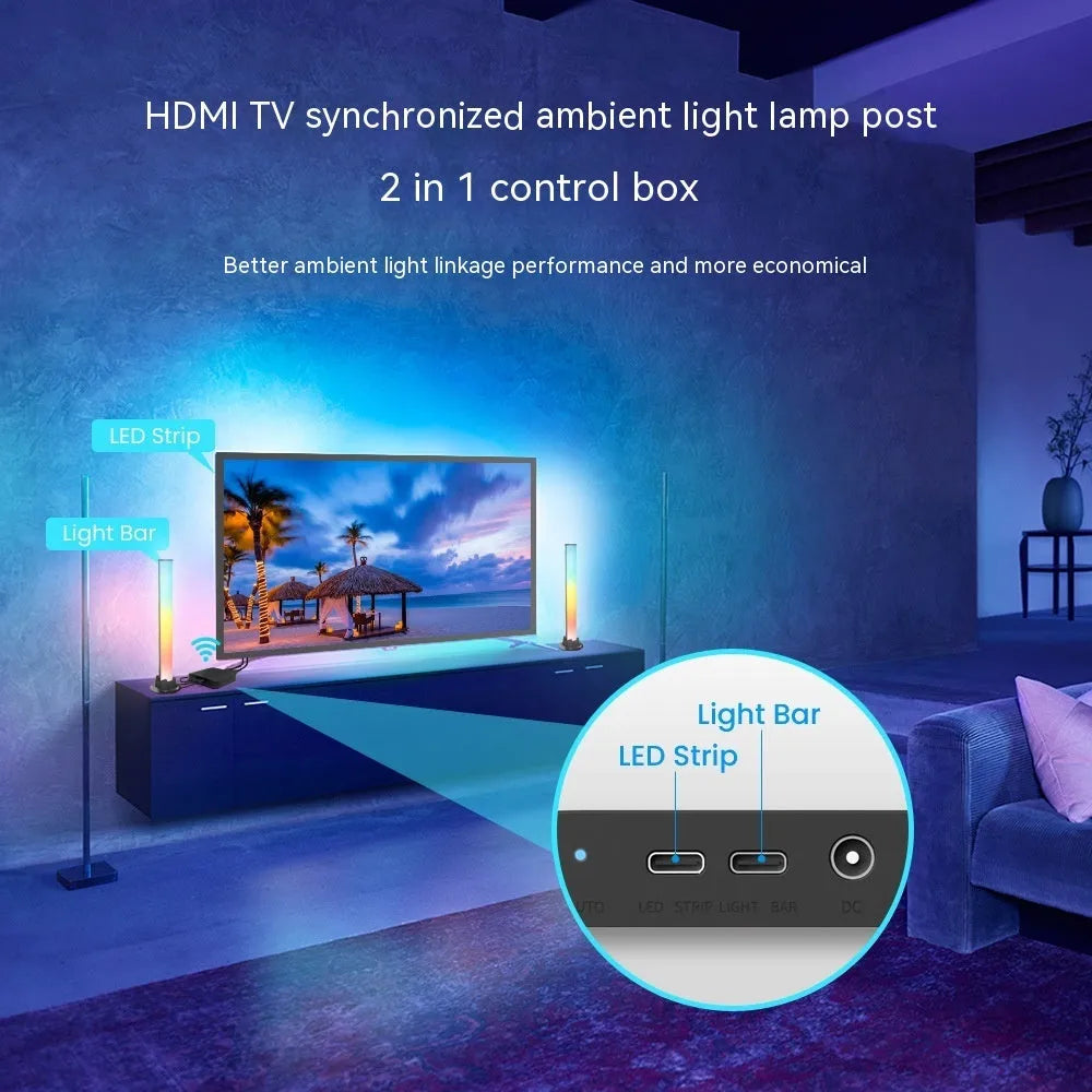 Smart Wi-Fi LED light strip coiled on a table, showing adhesive backing, with a smartphone displaying a control app nearby.