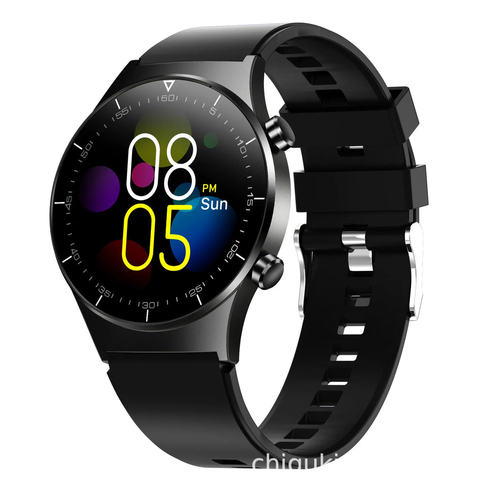 Black smart watch with 1.3-inch glass screen and TPU wrist strap showing health metrics display