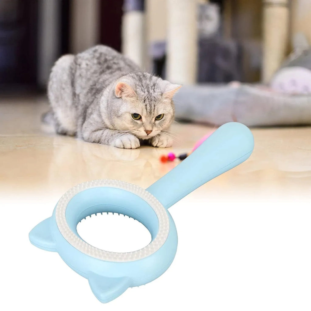 Blue and white double-sided pet grooming brush with deshedding and massage comb functions