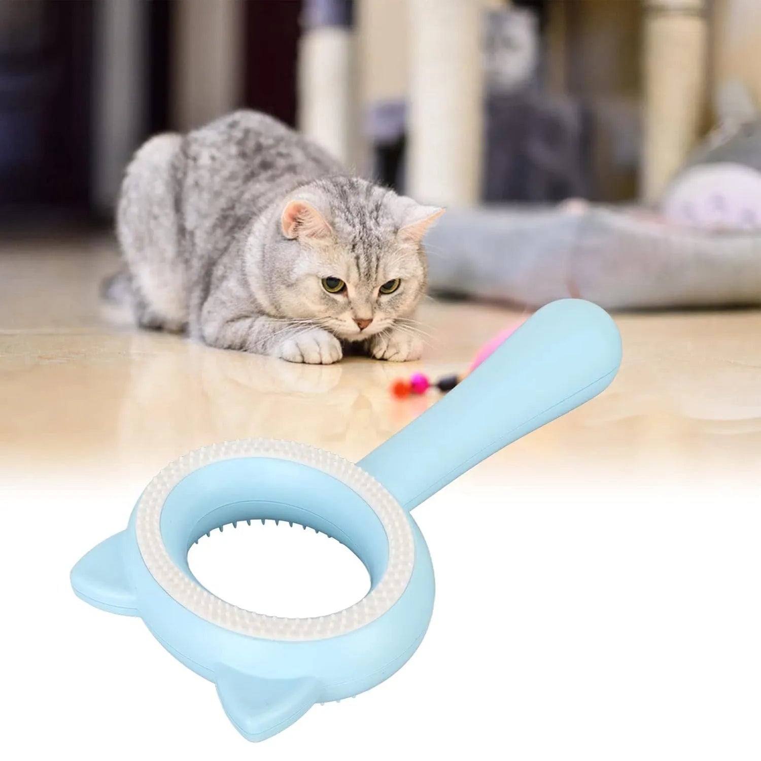Blue and white double-sided pet grooming brush with deshedding and massage comb functions