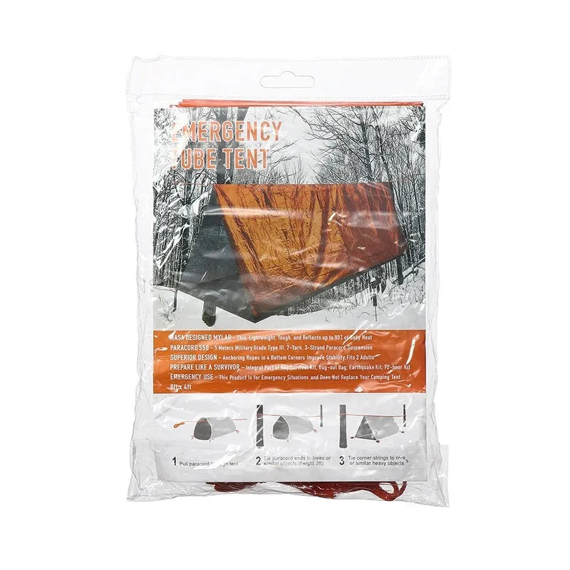 Portable orange disaster relief tent with sleeping bag and emergency blanket accessories
