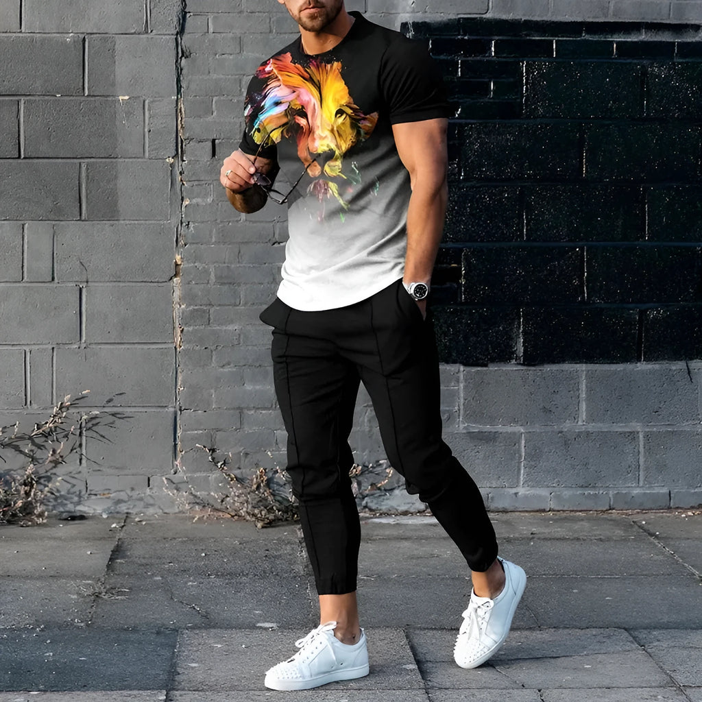 Men's lightweight polyester sports tracksuit set with short sleeve top and trousers on a mannequin.
