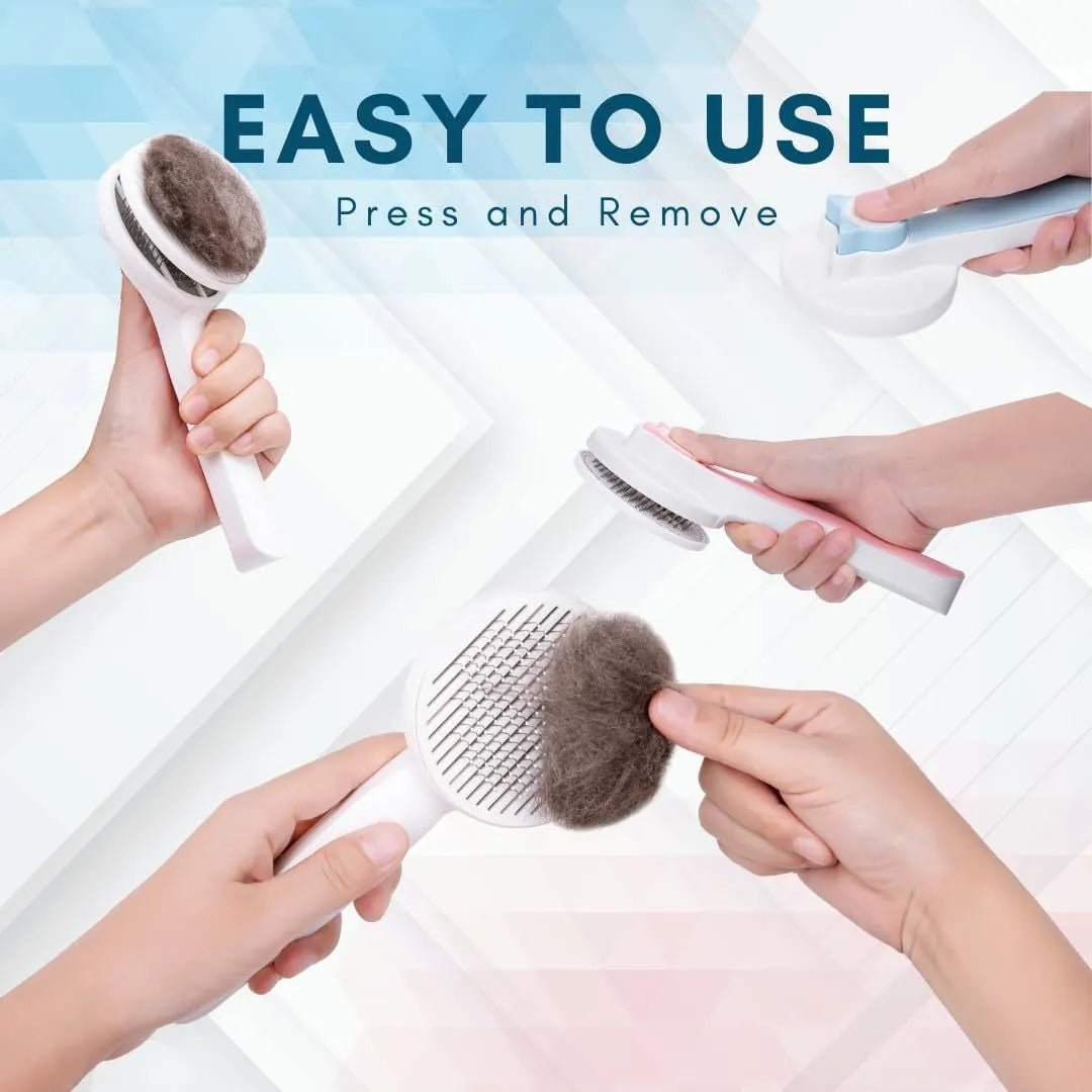 Blue self-cleaning slicker brush for dogs and cats with a non-slip rubber handle.