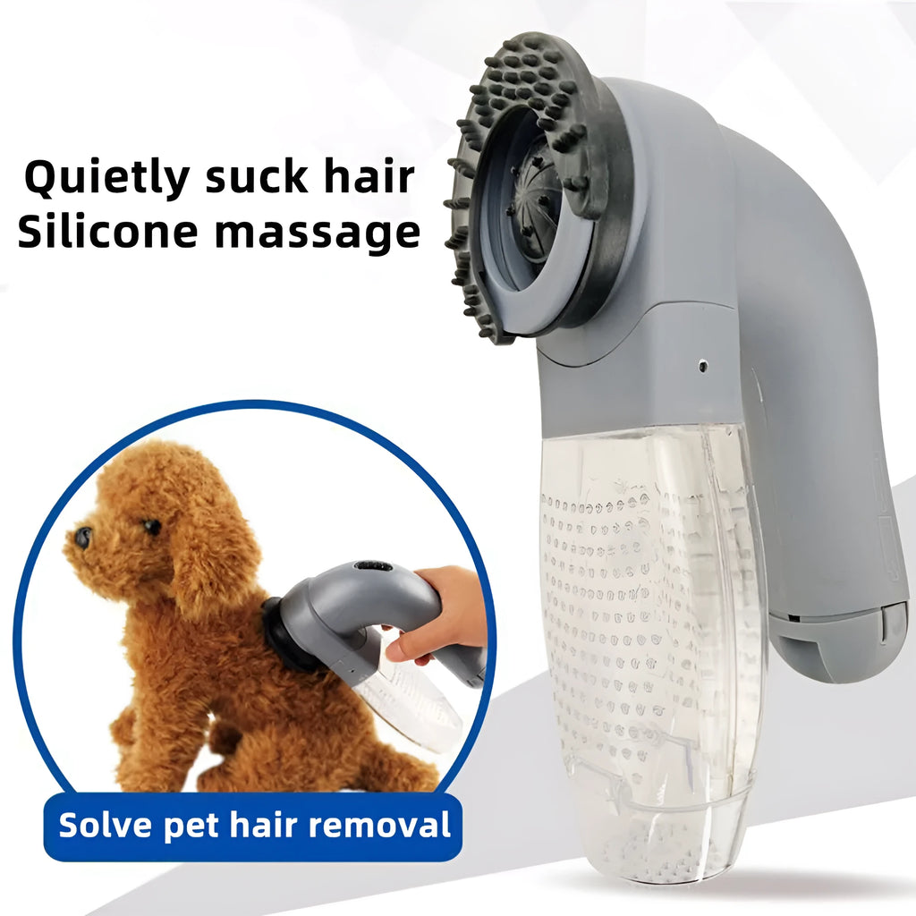 Grey handheld electric pet hair vacuum cleaner with soft rubber brush head for grooming dogs and cats