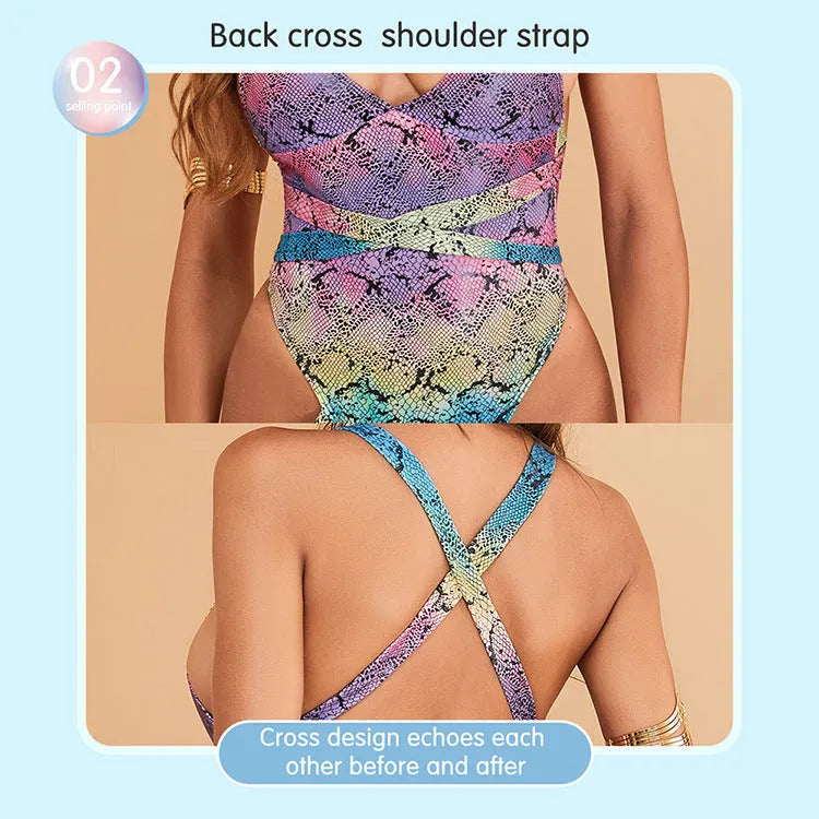 Leopard print snake print floral one-piece polyester women's swimsuit in picture colour, size options S M L XL