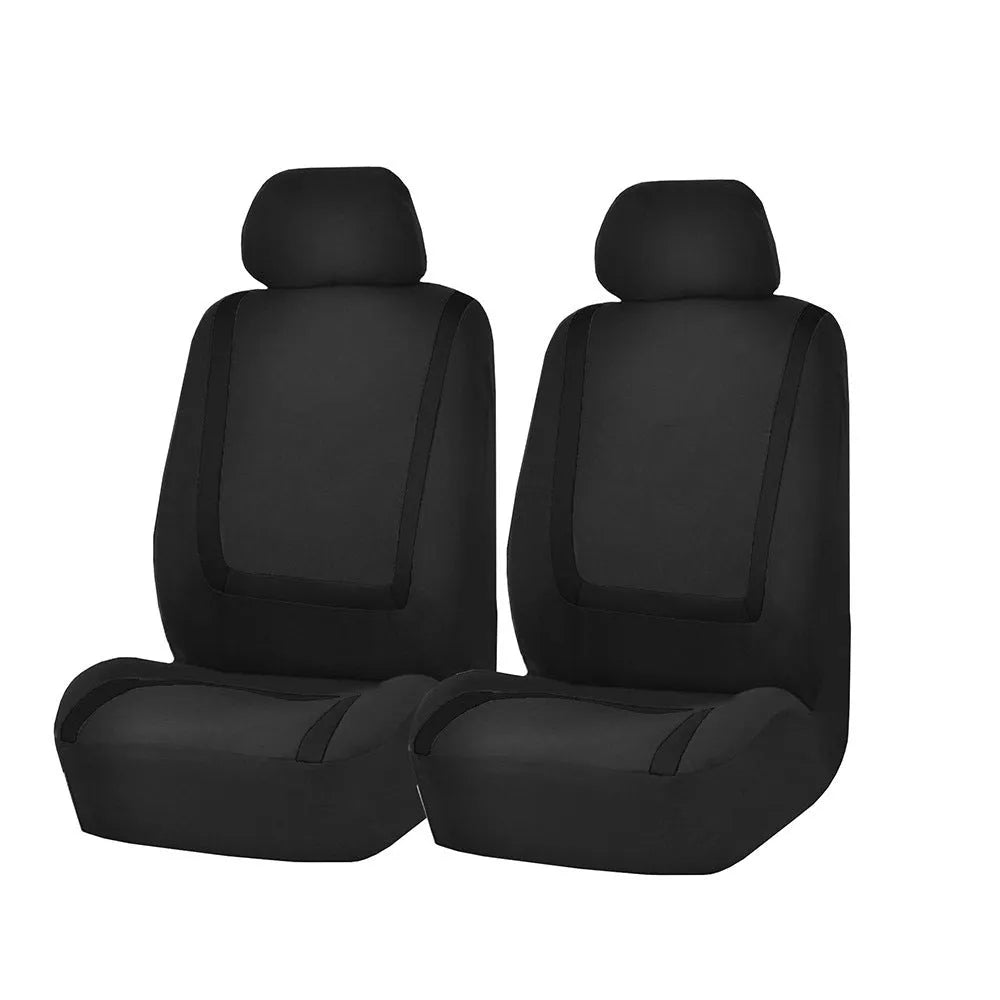Universal car seat cover set shown in beige and black colour combination with headrest and seat cushion pieces displayed