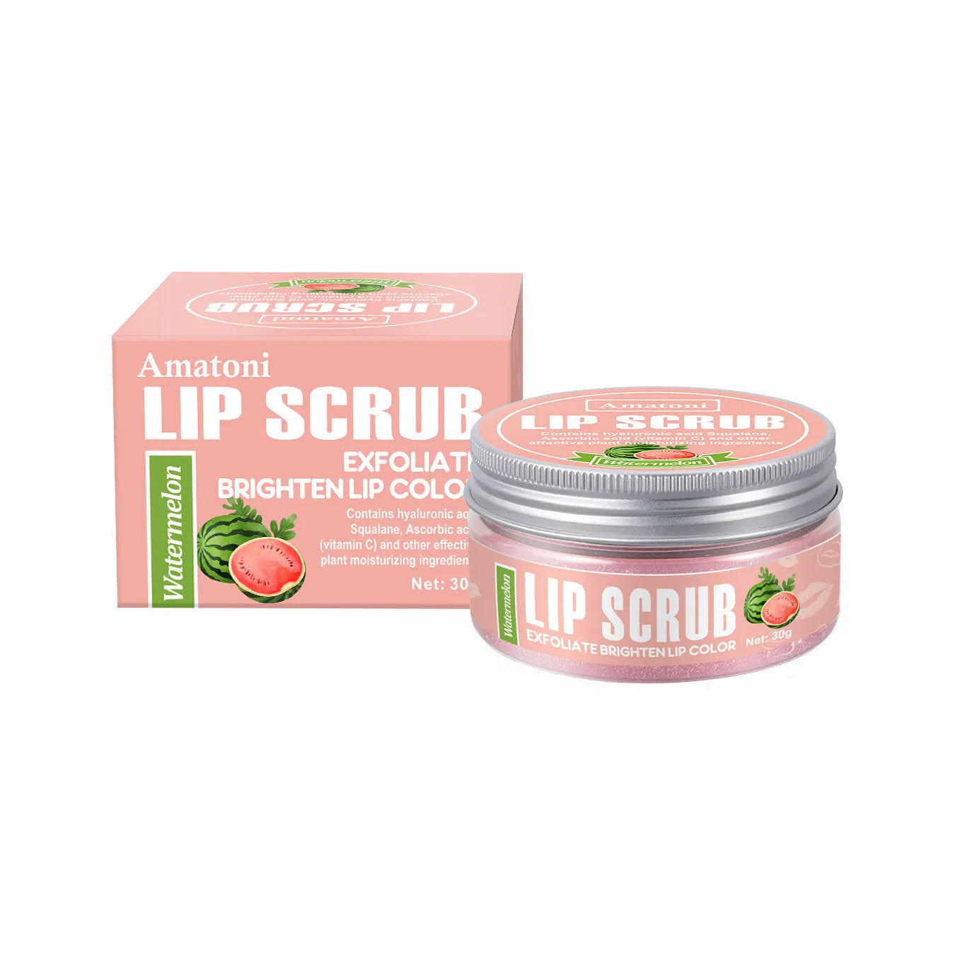 Amatoni Lip Scrub jar in 30g size with Coconut, Raspberry, Vanilla, or Watermelon flavour options.