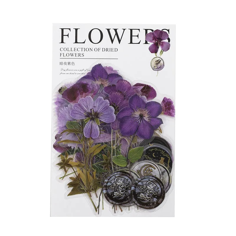 Dried flower journal sticker set with 40 PET sheets in 8 styles including rose nebula and starry night blue designs