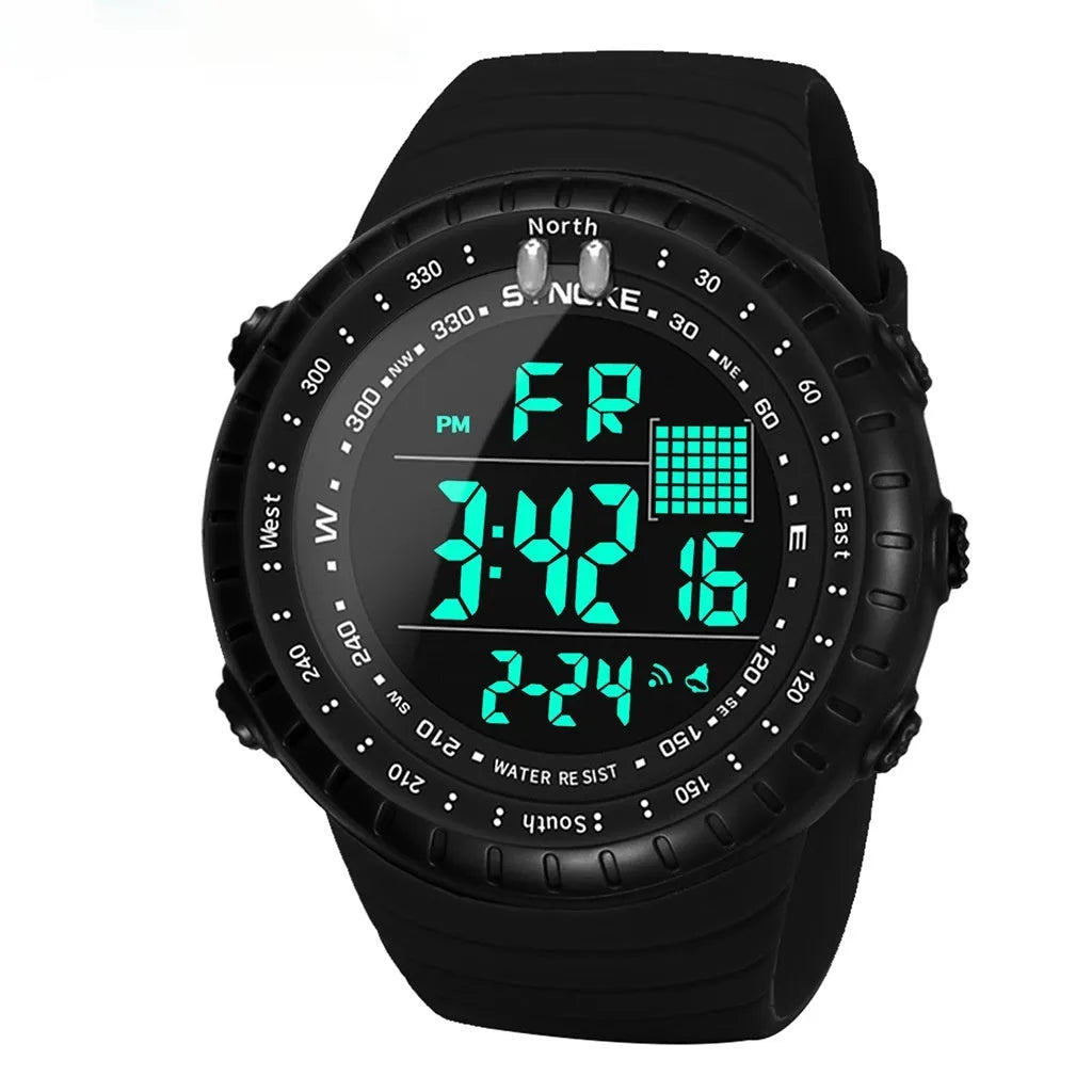 Black outdoor electronic watch for men with large dial and PU strap showing 50m waterproof rating