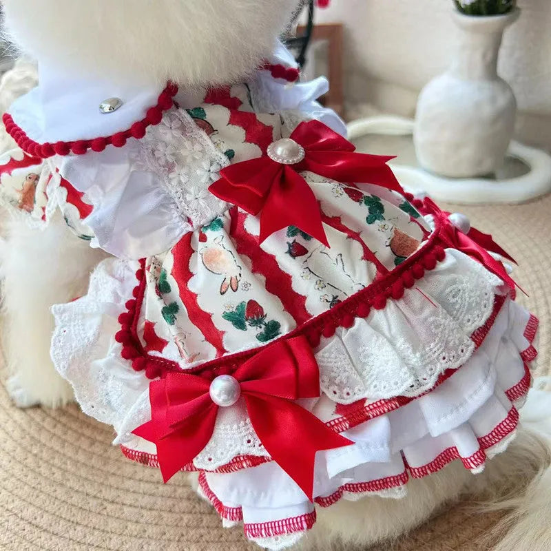 Polyester rabbit skirt princess dog dress shown on a small dog, with size chart for XS S M L XL.