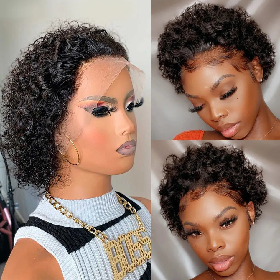 Black human hair pixie wig with lace front in dark brown/black colour 13x1.