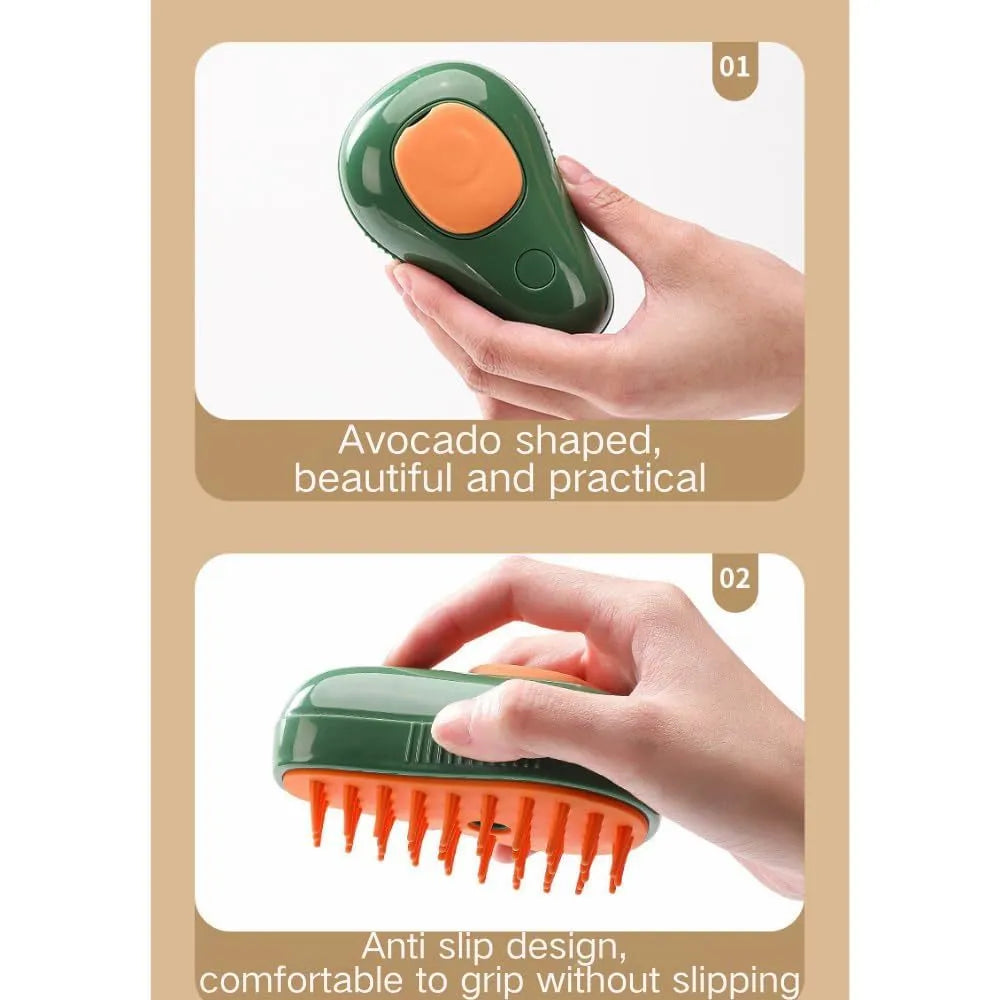 Green and white cat steam brush with water spray feature and silicone teeth for pet grooming