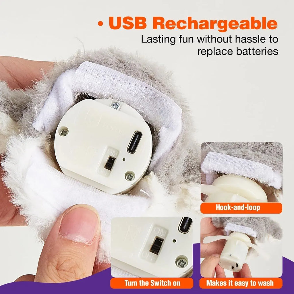 Grey automatic chirping owl cat toy with beating wings and electronic components