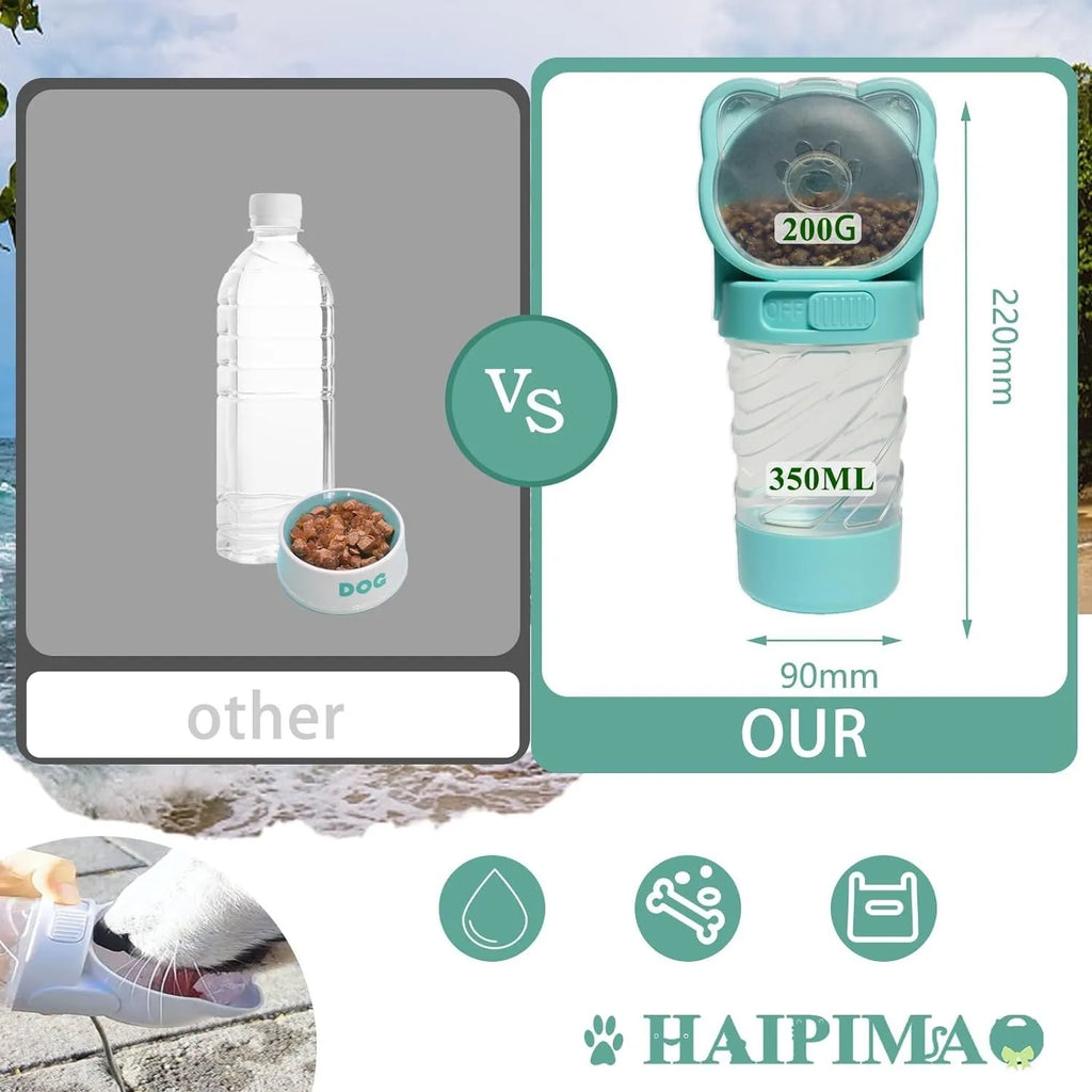 Green 3-in-1 portable pet water bottle with food container and waste bag dispenser for dogs and cats