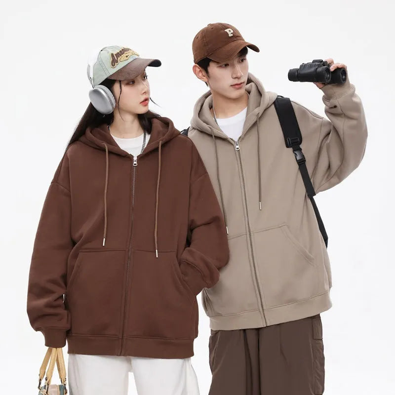 Men's solid colour hooded cardigan sweatshirt in loose fit polyester, front view