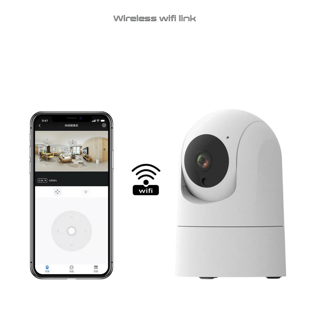 White indoor pan/tilt security camera with lens and microphone on a compact ABS/PC housing.