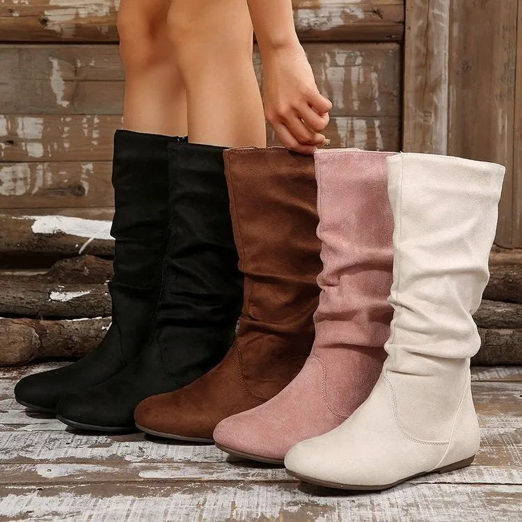 Plus size women's side zipper pleated pile boots in black with PU upper and rubber sole